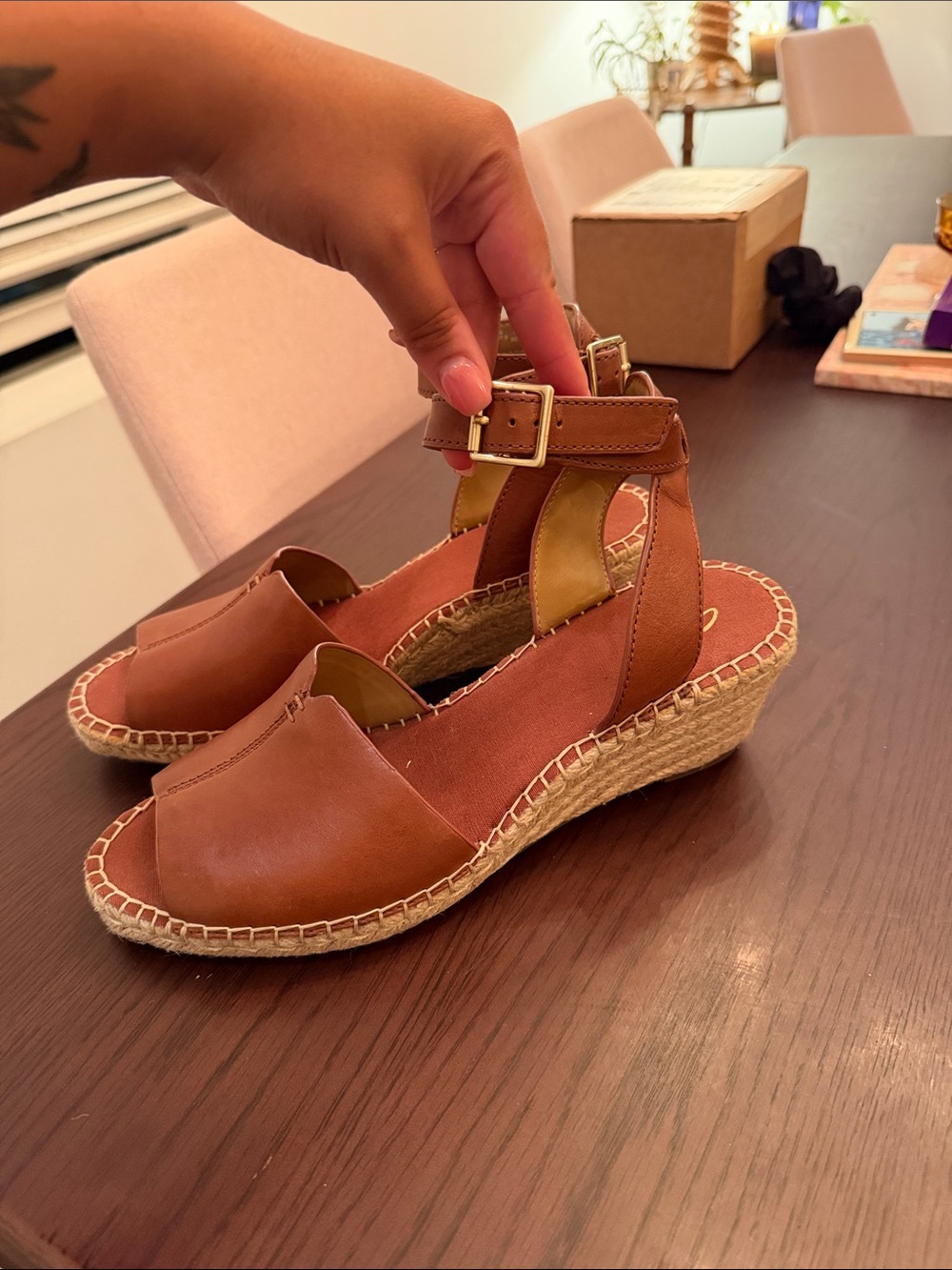 Clarks Tan Leather Espadrille Wedge Sandals with Ankle Strap